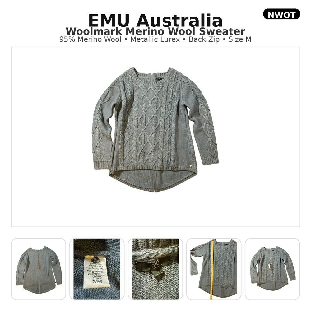 NWOT EMU Australia Merino Wool Cable Knit Sweater Back Zip Metallic Size‎ M